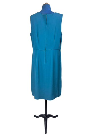 Vintage 1960s Sleeveless Dress Turquoise Crepe Piping - XL+