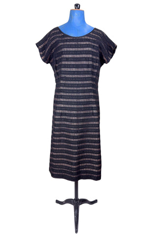 Vintage 1950s Black Dress Lace Chiffon Stripes Party Cocktail Dress - XL+