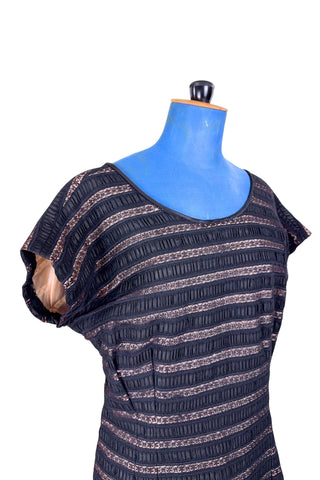 Vintage 1950s Black Dress Lace Chiffon Stripes Party Cocktail Dress - XL+