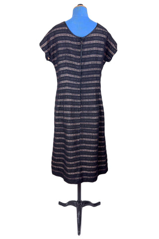 Vintage 1950s Black Dress Lace Chiffon Stripes Party Cocktail Dress - XL+
