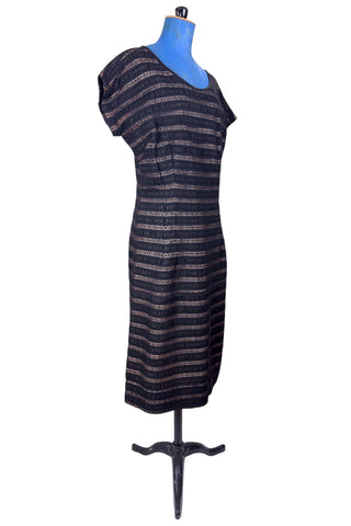Vintage 1950s Black Dress Lace Chiffon Stripes Party Cocktail Dress - XL+