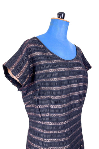 Vintage 1950s Black Dress Lace Chiffon Stripes Party Cocktail Dress - XL+