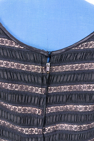 Vintage 1950s Black Dress Lace Chiffon Stripes Party Cocktail Dress - XL+