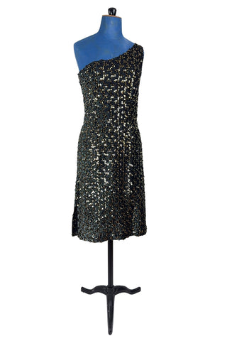 Vintage 1970s Sequin Dress Disco Black Cocktail Dress One Shoulder - Small