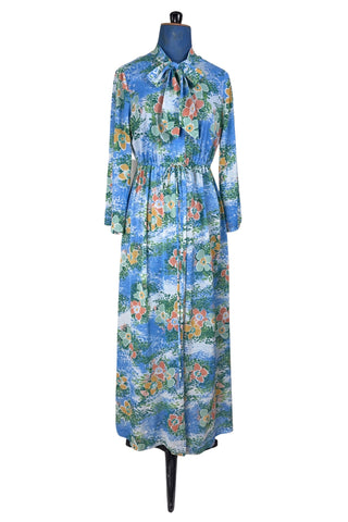 Vintage 1970s Robe Bow Collar Blue Brown Floral Housecoat - Medium