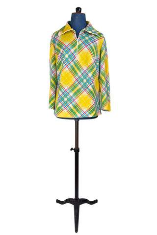 Vintage 1970s Top Yellow Plaid Long Sleeve Pullover Half Zip - Large