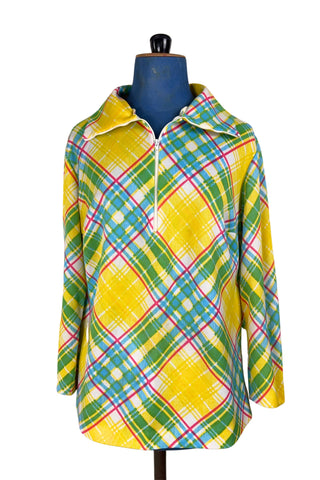 Vintage 1970s Top Yellow Plaid Long Sleeve Pullover Half Zip - Large