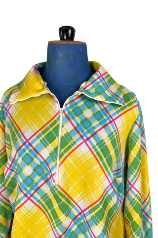 Vintage 1970s Top Yellow Plaid Long Sleeve Pullover Half Zip - Large