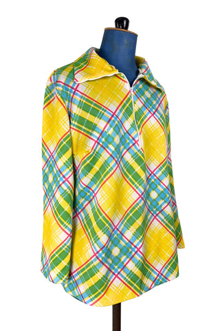 Vintage 1970s Top Yellow Plaid Long Sleeve Pullover Half Zip - Large