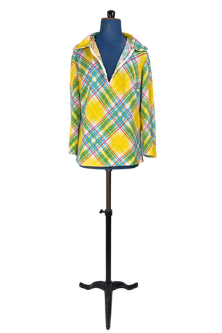 Vintage 1970s Top Yellow Plaid Long Sleeve Pullover Half Zip - Large