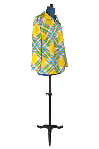 Vintage 1970s Top Yellow Plaid Long Sleeve Pullover Half Zip - Large