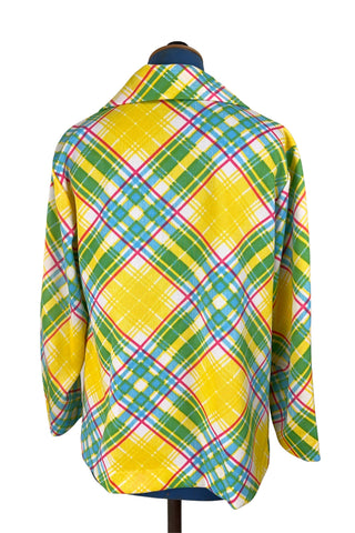 Vintage 1970s Top Yellow Plaid Long Sleeve Pullover Half Zip - Large