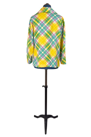 Vintage 1970s Top Yellow Plaid Long Sleeve Pullover Half Zip - Large