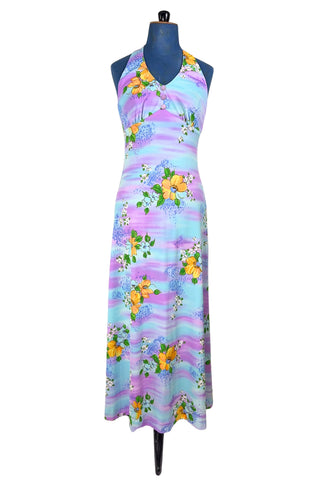 Vintage 1970s Halter Maxi Dress Pastel Blue Purple Floral Hawaiian Print - Small