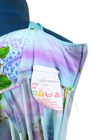 Vintage 1970s Halter Maxi Dress Pastel Blue Purple Floral Hawaiian Print - Small