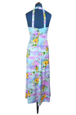 Vintage 1970s Halter Maxi Dress Pastel Blue Purple Floral Hawaiian Print - Small