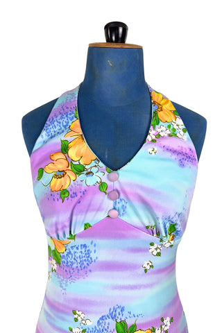Vintage 1970s Halter Maxi Dress Pastel Blue Purple Floral Hawaiian Print - Small