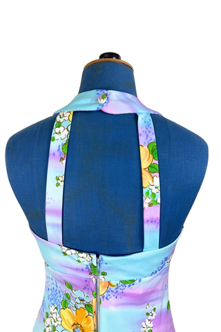 Vintage 1970s Halter Maxi Dress Pastel Blue Purple Floral Hawaiian Print - Small