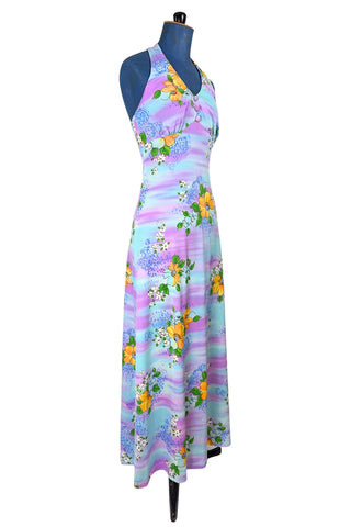 Vintage 1970s Halter Maxi Dress Pastel Blue Purple Floral Hawaiian Print - Small
