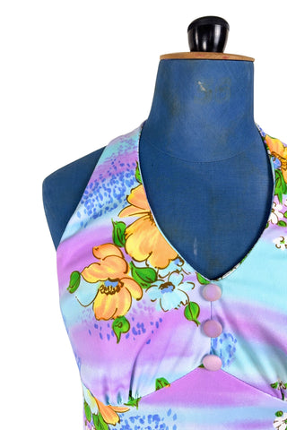 Vintage 1970s Halter Maxi Dress Pastel Blue Purple Floral Hawaiian Print - Small