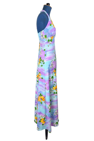 Vintage 1970s Halter Maxi Dress Pastel Blue Purple Floral Hawaiian Print - Small