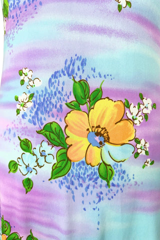 Vintage 1970s Halter Maxi Dress Pastel Blue Purple Floral Hawaiian Print - Small