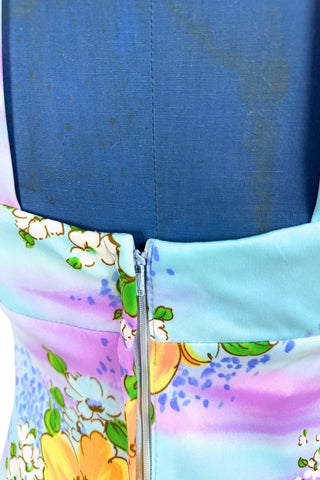 Vintage 1970s Halter Maxi Dress Pastel Blue Purple Floral Hawaiian Print - Small