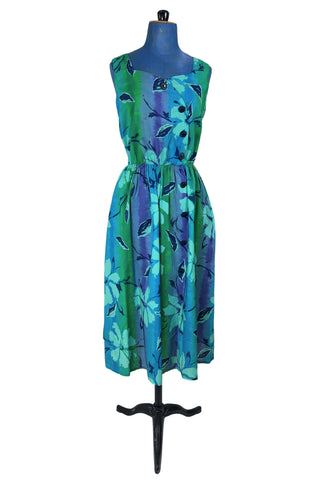 Vintage 1980s Dress Blue Green Large Floral Print Buttons - Medium
