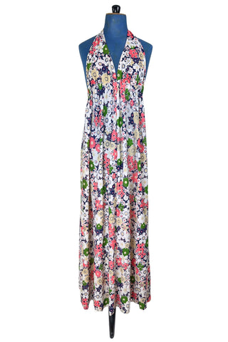 Vintage 1970s Maxi Dress Halter V Neck Floral Print Sun Dress - Small
