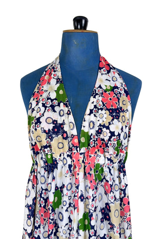 Vintage 1970s Maxi Dress Halter V Neck Floral Print Sun Dress - Small