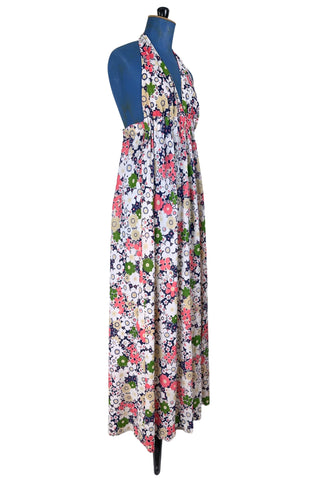 Vintage 1970s Maxi Dress Halter V Neck Floral Print Sun Dress - Small