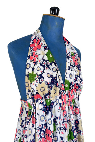 Vintage 1970s Maxi Dress Halter V Neck Floral Print Sun Dress - Small