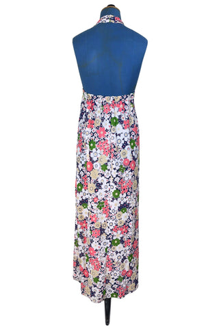 Vintage 1970s Maxi Dress Halter V Neck Floral Print Sun Dress - Small