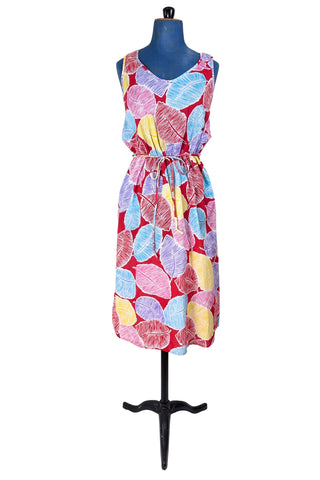 Vintage 1980s Sun Dress Red Leaf Print Sleeveless Bow Tie Belt - Medium
