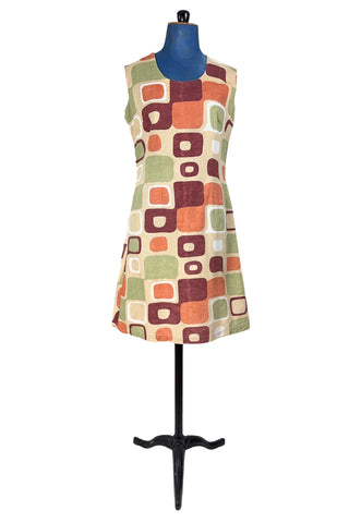Vintage 1960s Day Dress Square Geometric Print Sleeveless A-Line Shift - Medium