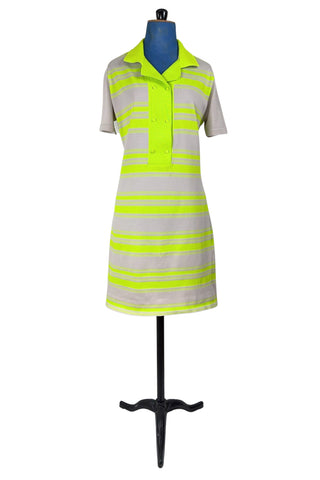 Vintage 1960s Dress Italian Knit Buttons Yellow Green Beige Short Sleeve - Medium