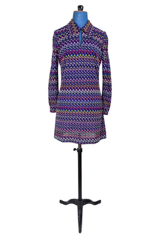 Vintage 1970s Mini Dress Purple Knit Multicolor Crochet ZigZag - Large