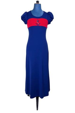 Vintage 1960s Maxi Dress Anchor Sailor Maxi Blue Red Stripe - Small