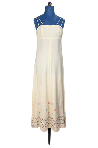 Vintage 1970s Maxi Dress Cream Spaghetti Strap Embroidery Cross-Stitch - XS