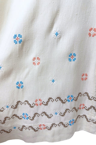 Vintage 1970s Maxi Dress Cream Spaghetti Strap Embroidery Cross-Stitch - XS