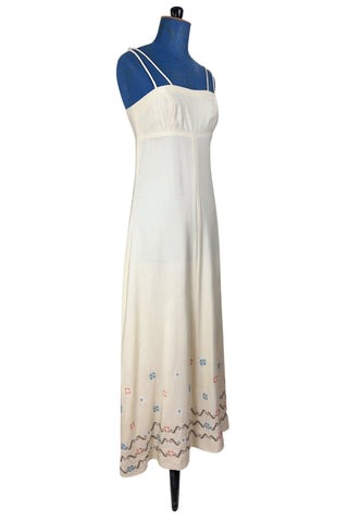 Vintage 1970s Maxi Dress Cream Spaghetti Strap Embroidery Cross-Stitch - XS