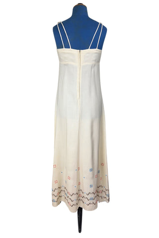 Vintage 1970s Maxi Dress Cream Spaghetti Strap Embroidery Cross-Stitch - XS