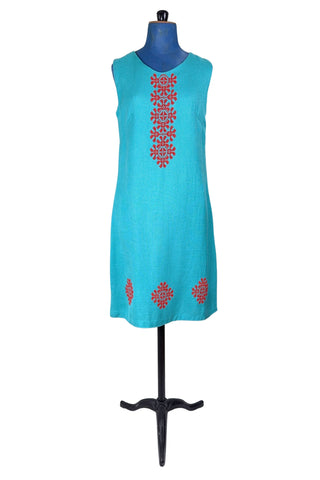 Vintage 1960s Shift Dress Blue Red Floral Embroidery Cross-stitch - Medium