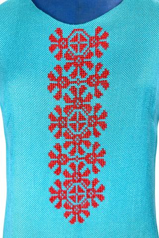 Vintage 1960s Shift Dress Blue Red Floral Embroidery Cross-stitch - Medium