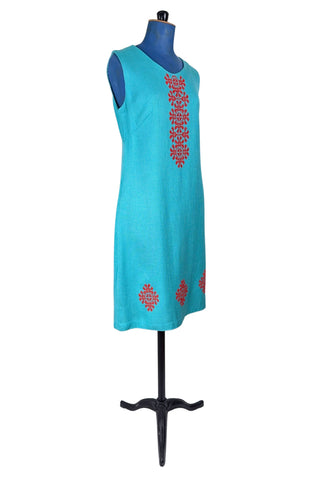 Vintage 1960s Shift Dress Blue Red Floral Embroidery Cross-stitch - Medium