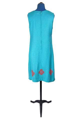 Vintage 1960s Shift Dress Blue Red Floral Embroidery Cross-stitch - Medium