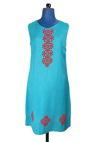 Vintage 1960s Shift Dress Blue Red Floral Embroidery Cross-stitch - Medium
