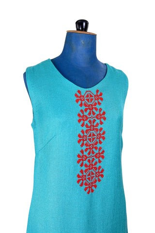 Vintage 1960s Shift Dress Blue Red Floral Embroidery Cross-stitch - Medium