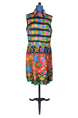 Vintage 1970s Silk Dress Geometric Print Sleeveless Tetris Dress - Medium