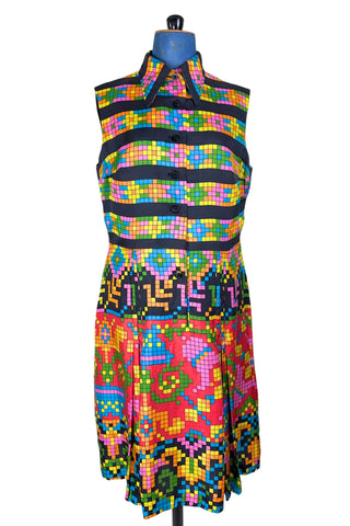 Vintage 1970s Silk Dress Geometric Print Sleeveless Tetris Dress - Medium